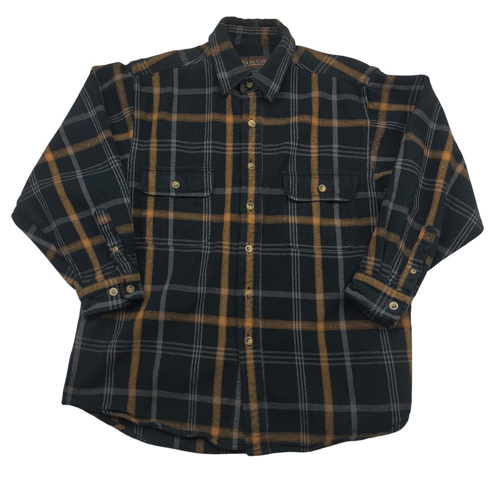 Moose Creek Mens Large Flannel‎ Shirt Black Tan Plaid Cotton Button Down Outdoor